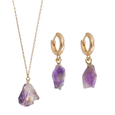 Semi Precious Stone Set with Necklace and Earrings - Gold